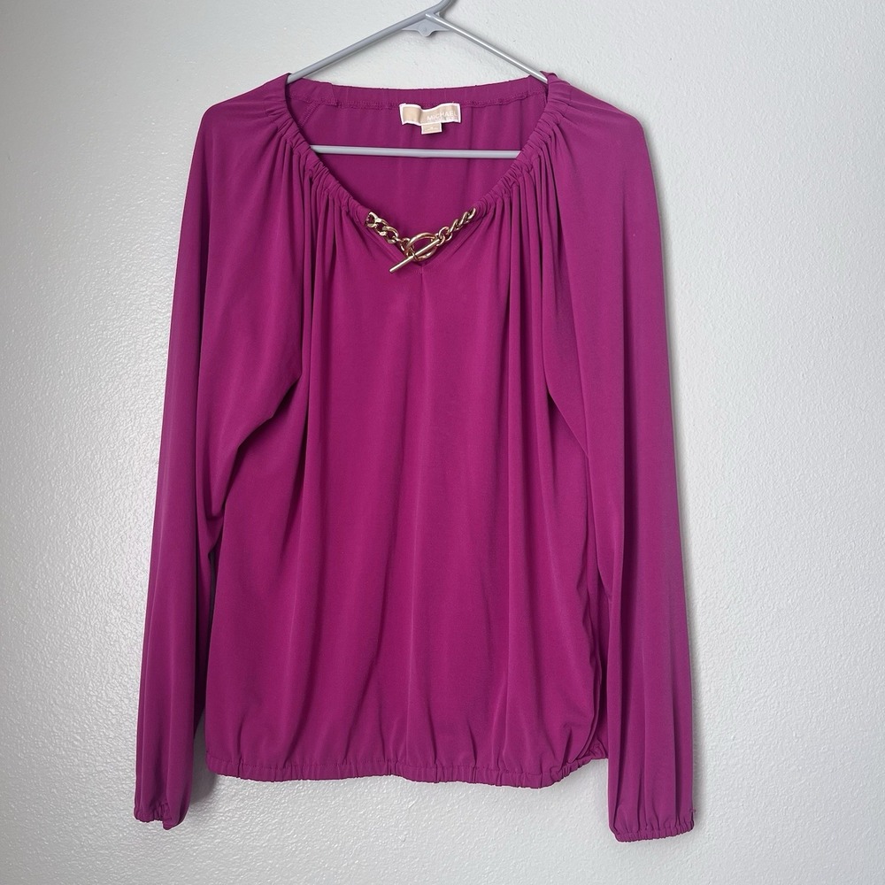 Michael Kors Women Fuchsia Pink Long Sleeve Blouse‎ Gold Chain Embellished Small